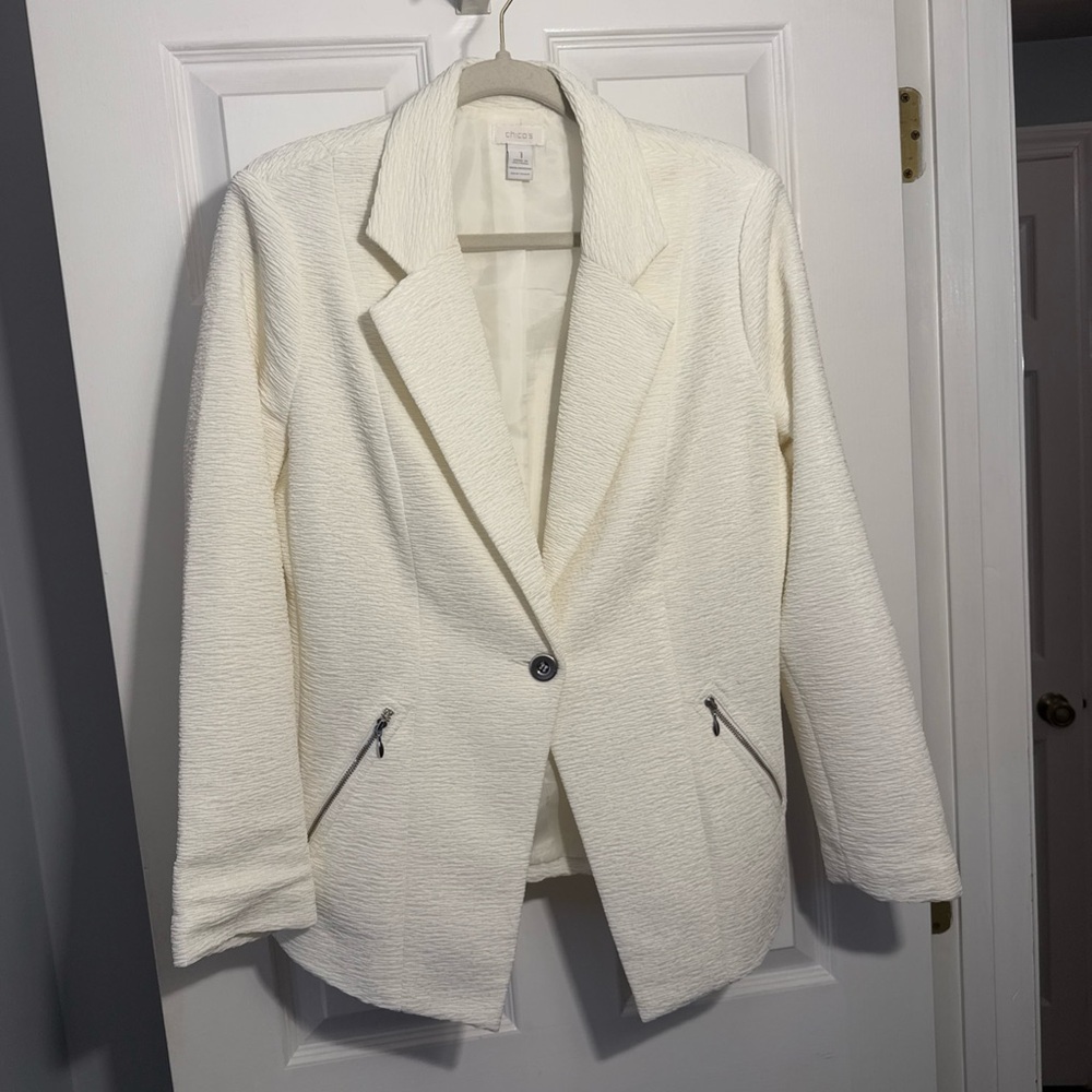 Chico’s Textured Lined Blazer Jacket Off-White One-Button Size 1 / US Women’s M